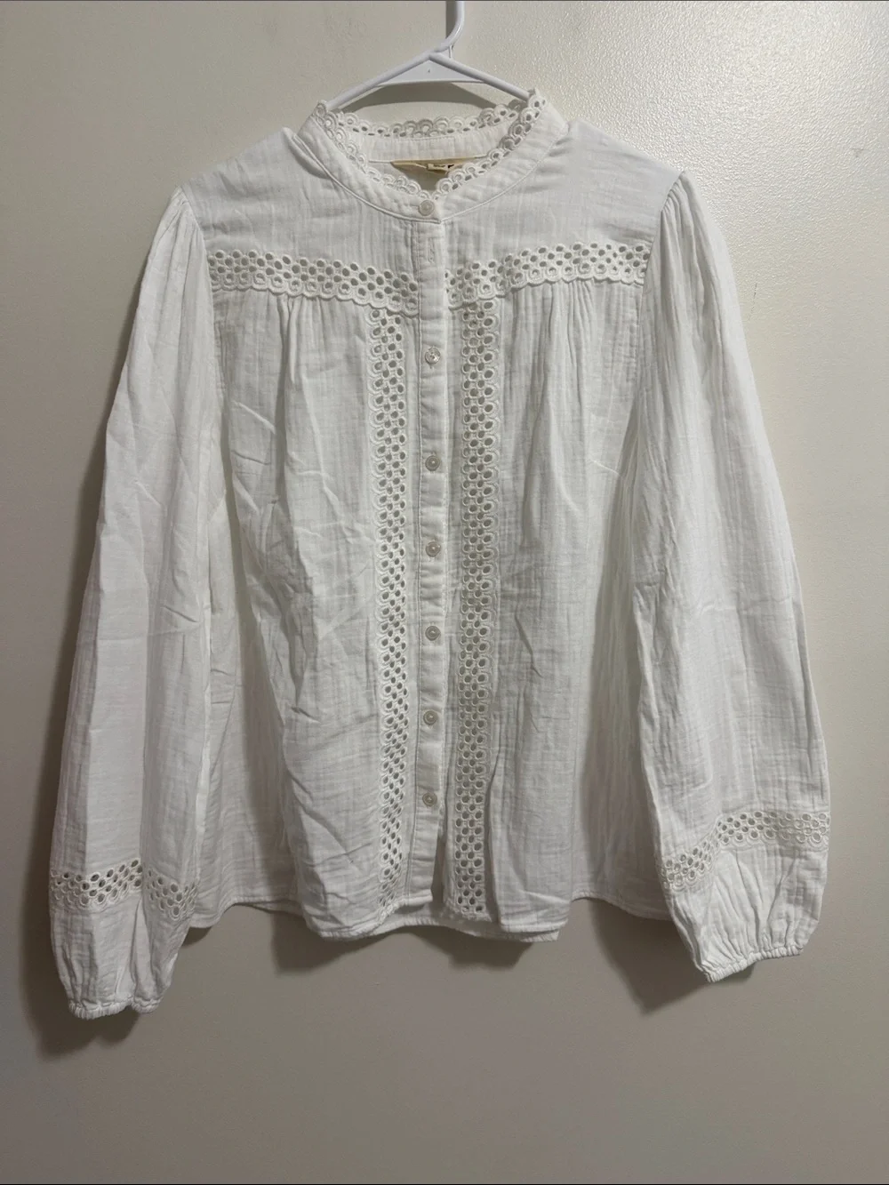 Boden White Eyelet Embroidered Long Sleeve Cotton Button Down Blouse Womens 14